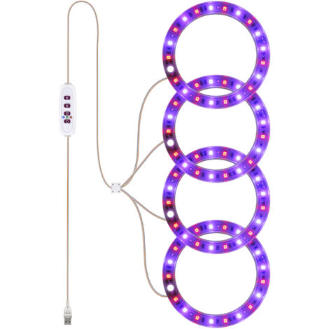 Vollspektrum-LED-Pflanzenlampe mit 20 LEDs, 8h/12h/16h Timer, 5 Helligkeitsstufen, verstellbarer Höhe, USB-Anschluss und Lichtring für Sukkulenten.
