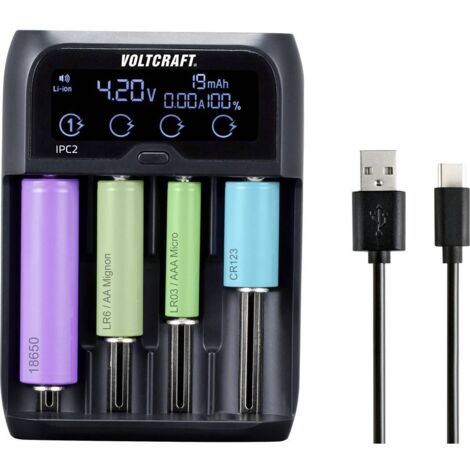 Voltcraft – Chargeur de piles rondes IPC2 – Compatible NiMH, NiCd, Li-ion, LiFePO4 – Charge rapide via USB – Sécurité intégrée - R040291
