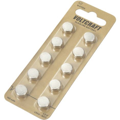 Voltcraft – Lot de 10 piles bouton alcalines LR 44 140 mAh – Tension 1.5V – Compatible AG13, PX76A, G13A – Pour appareils photo et acoustiques - S592422