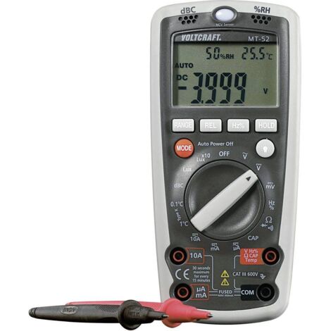 Voltcraft – Multimètre numérique MT52 – 5 en 1 avec test de tension NCV – CAT III 600 V – Affichage rétroéclairé – Mesure température, son et humidité