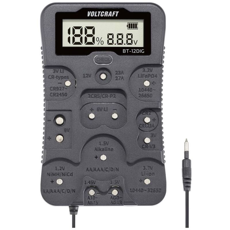 Voltcraft - Testeur de piles BT-12DIG plage de mesure (testeur de pile) 1,2 v, 1,5 v, 3 v, 3,7 v, 6 v, 9 v, 12 v pile, ba