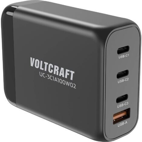 VOLTCRAFT UC-3C1A100W02 Chargeur USB 100 W 3x USB-C®, 1x USB-A Power Delivery noir intérieure GaN, USB Power Delivery (USB-PD), chargeur rapide Y526793