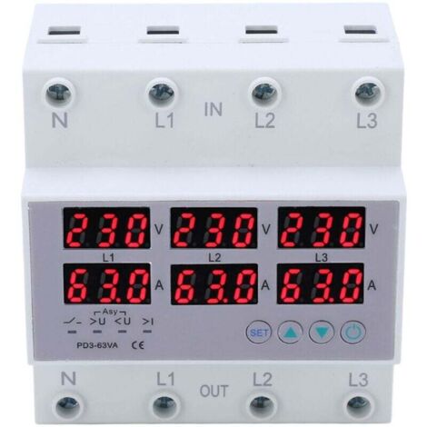 Voltímetro amperímetro trifásico de riel DIN con protección automática contra sobretensión y sobrecorriente, CA 390-500 V, 63 A