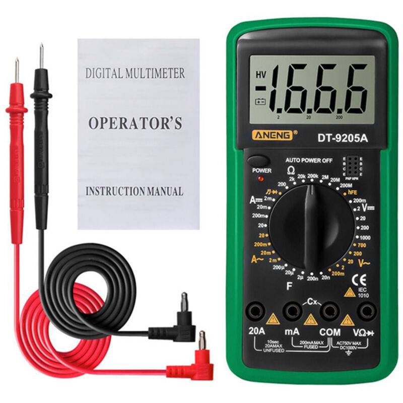 Voltímetro digital, amperímetro, comprobador de voltaje digital, medidor de resistencia, sonda de prueba, multímetro de rango automático, DT-9205A