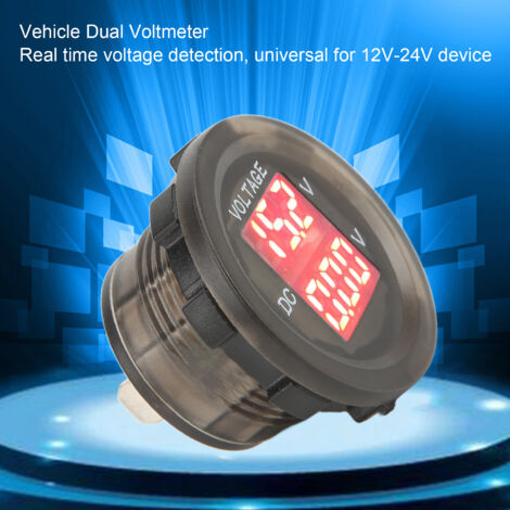 Voltímetro digital para coche con doble pantalla LED, 12-24 V, material ABS negro, resistente al agua, ajuste universal.