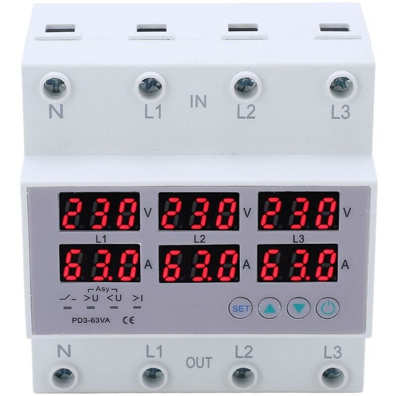 Voltmètre à rail din triphasé ampèremètre protecteur de surintensité de surtension automatique ac 390-500V 63A