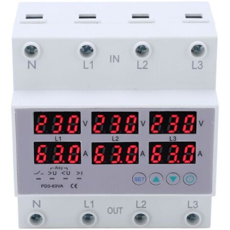 Voltmètre à rail DIN triphasé ampèremètre protecteur de surintensité de surtension automatique AC 390-500V 63A