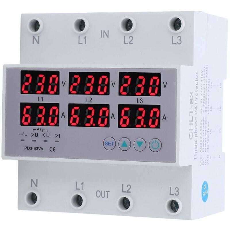 Voltmètre à rail din triphasé ampèremètre protecteur de surintensité de surtension automatique ac 390‑500V 63A - Jeffergarden