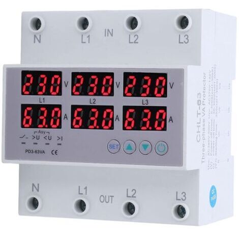 Voltmètre à rail DIN triphasé ampèremètre protecteur de surintensité de surtension automatique AC 390‑500V 63A