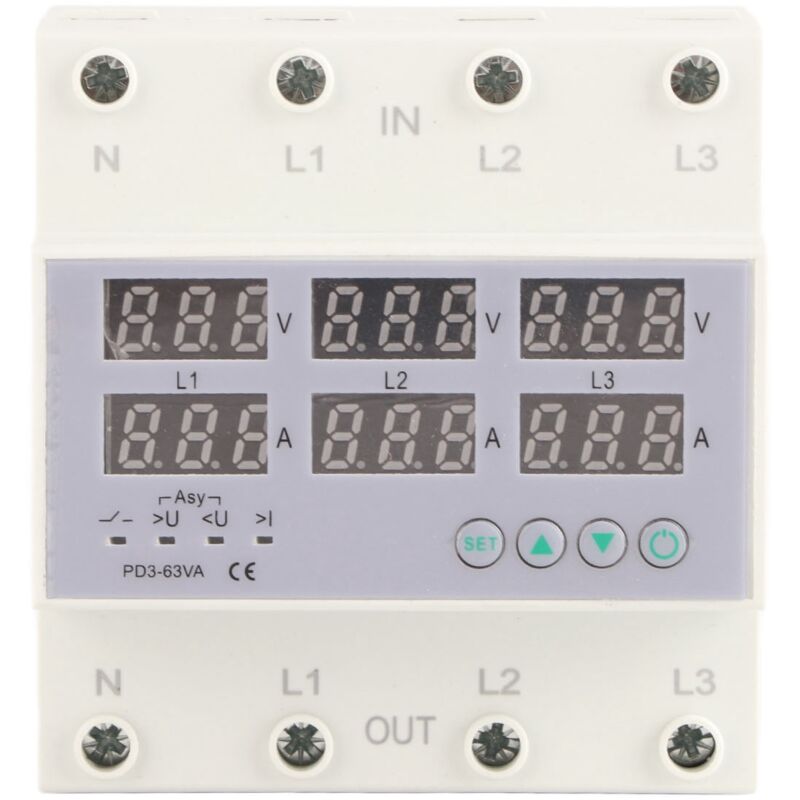Voltmètre ampèremètre à rail din triphasé, protection automatique contre les surtensions et les surintensités, ac 390-500 v 63 a
