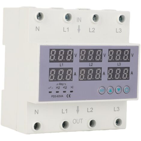 Voltmètre-ampèremètre triphasé pour rail DIN avec protection automatique contre les surtensions et les surintensités, 230-300 V CA