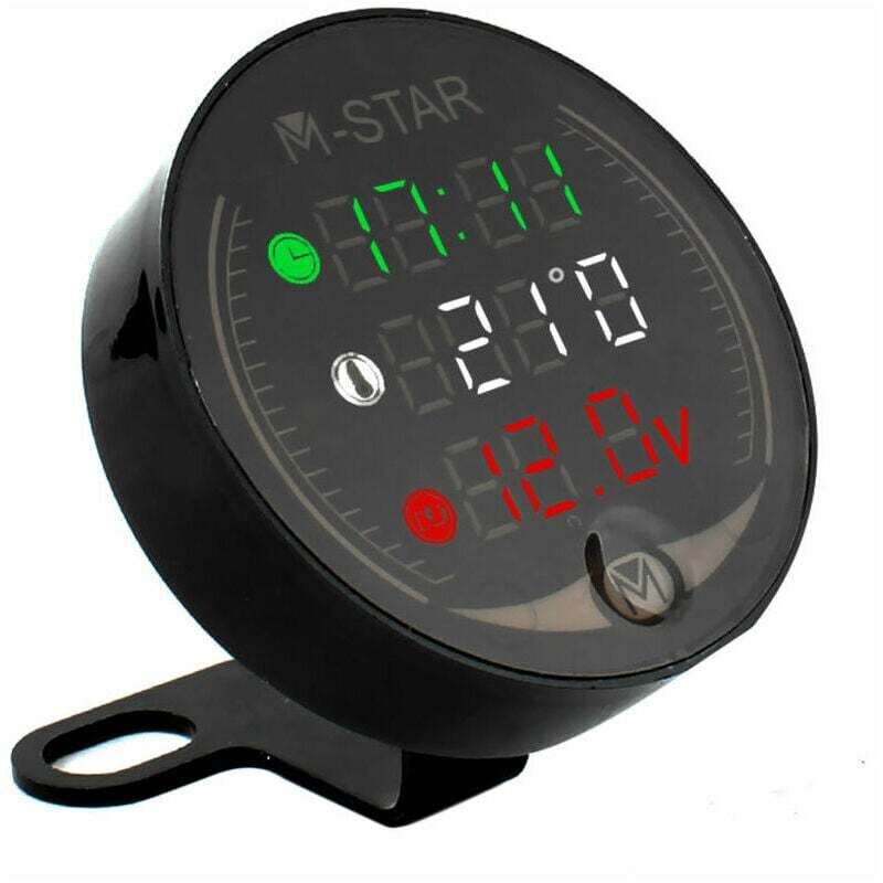 Voltmètre ATV Moto 4 en 1 + Horloge électronique + Thermomètre + Chronomètre Testeur de tension de température LED numérique, Noir