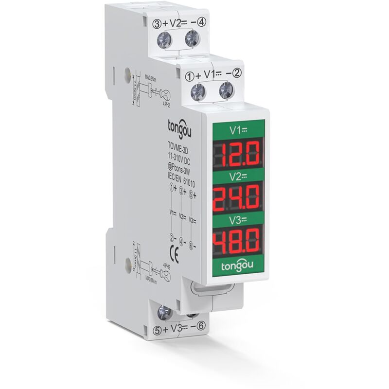Voltmètre Numérique sur Rail Din DC 11-310V, Voltage Meter 3 Affichage Digital, Testeur de tension à courant continu Compteur Volt Gauge Din pour le