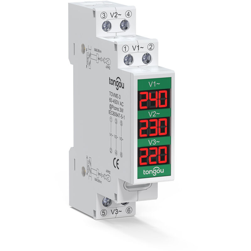 Voltmètre triphasé 60‑450V Testeur de Tension à écran LCD, Voltmètre Numérique à Montage sur Rail DIN et Détecteur de Tension