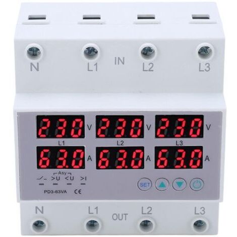 Voltmètre triphasé sur rail DIN, CA 390-500 V, voltmètre ampèremètre triphasé sur rail DIN, protection automatique contre les surtensions et les surintensités, multitesteur (63 A)