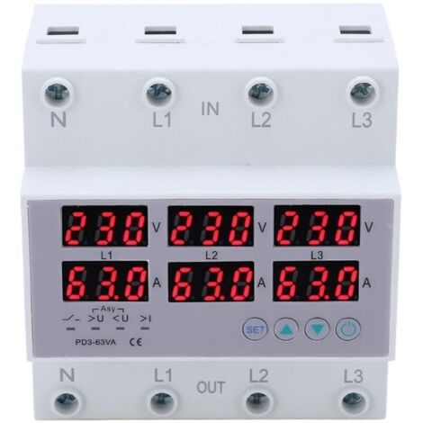 Voltmètre triphasé sur rail DIN, CA 390-500 V, voltmètre ampèremètre triphasé sur rail DIN, protection automatique contre les surtensions et les surintensités, multitesteur (63 A)
