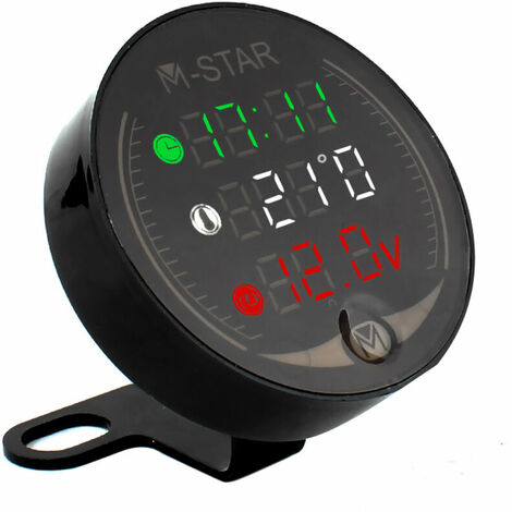 Voltmetro ATV per moto 4 in 1 + orologio elettronico + termometro + cronometro Tester di tensione della temperatura a LED digitale, nero