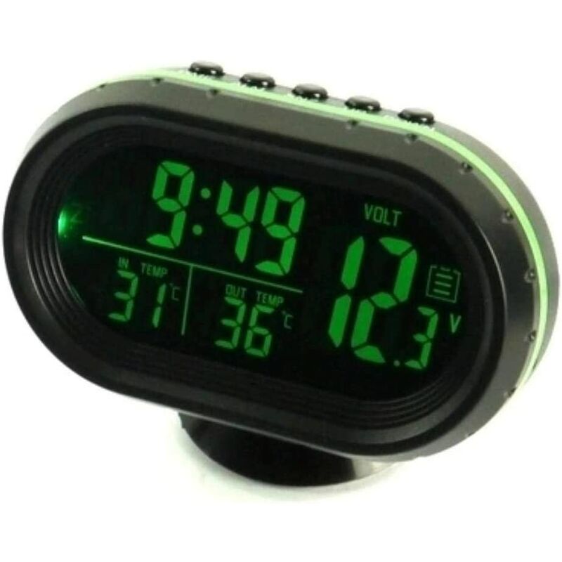 

Thsinde - Voltímetro de coche 4 en 1, termómetro digital, reloj, monitor de voltaje de alarma, reloj de retroiluminación LCD de 12/24 horas,