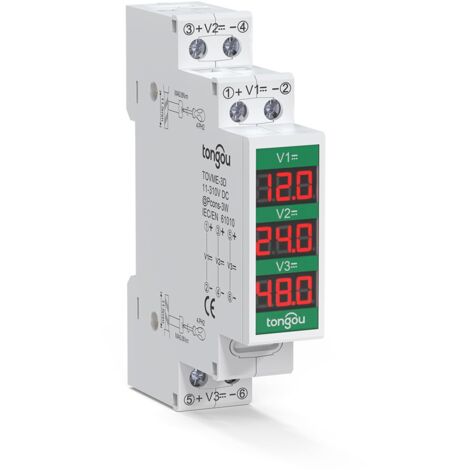 Voltmetro digitale su guida DIN DC 11-310V, misuratore di tensione con 3 display digitali, misuratore di tensione DC, misuratore di tensione Din per controllo carica batteria/FV