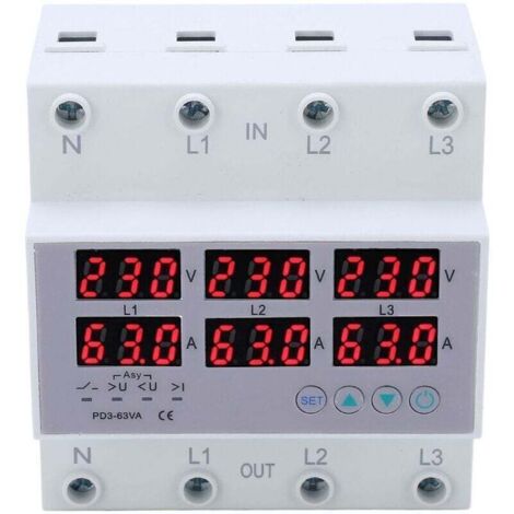 Voltmetro e amperometro trifase per montaggio su guida DIN con protezione automatica da sovracorrente e sovratensione, CA 390-500 V, 63 A
