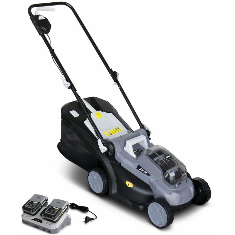 40V – Tondeuse à gazon sans fil 33cm – 2x Batteries 18V Lithium 2.0Ah + double chargeur rapide. récupérateur d'herbe 35L - Voltr