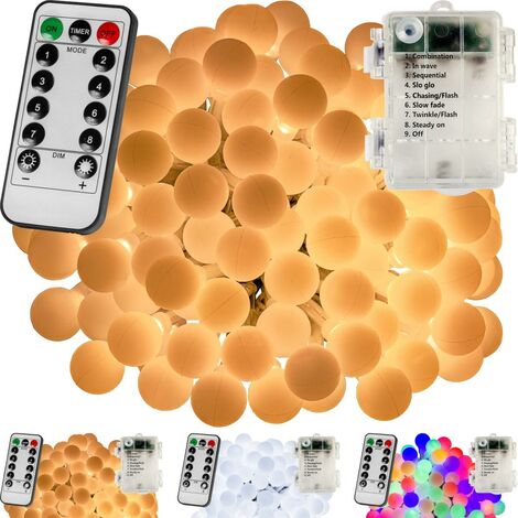 VOLTRONIC® Guirlande lumineuse boules LED, plusieurs couleurs et dimensions disponibles, à piles, télécommande incluse - Couleur : Blanc chaud - Taille : 50 LED