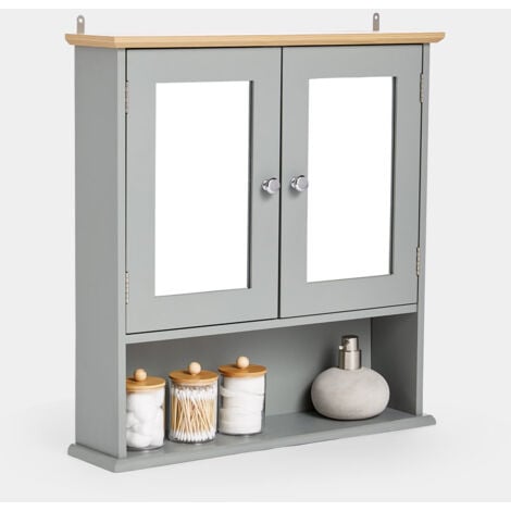 VonHaus Bathroom Cabinet with Mirror – Grey 2 Door Wall Mounted Storage Cupboard – Mirrored Wooden Medicine Cabinet with 4 Shelves