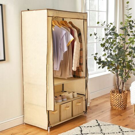 VonHaus Canvas Effect Wardrobe – Clothes Storage Organiser with Hanging Clothes Rail, 2 Shelves & 3 Drawers Included – Beige Fabric Storage Closet – Temporary Wardrobe For Bedroom, Guest Room
