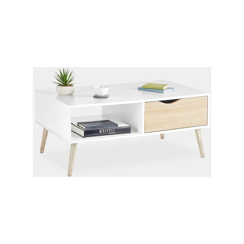 White Coffee Table with Storage - Coffee Tables for Living Room with Light Oak Effect, Shelf & Soft Close Drawer, Modern Scandi Furniture, 99x60x43cm