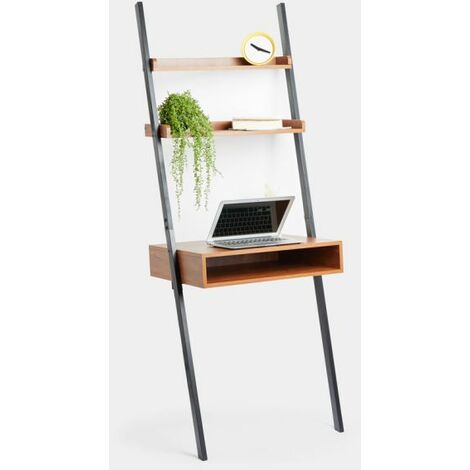 Vonhaus Computer Desk - 3 Tier Ladder Desk with Deep Work Surface Area, Dark Wood, Metal Frame & 2 Shelves for Home Office, Industrial Living Room Furniture
