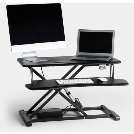 VonHaus Electric Standing Desk Converter- Height Adjustable Sit Stand Desk, Black Keyboard & Monitor Riser, Home Office Dual Monitor Stand