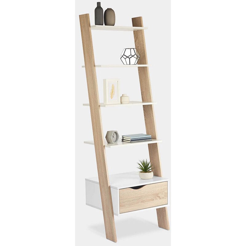 Leaning Bookcase - Tall Ladder Bookshelf for Living Room - White & Oak Wood Effect Shelving Display Unit w/ 5 Shelves & Storage Drawer - Modern