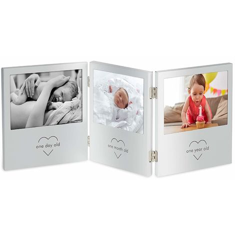 Vonhaus My First Year Baby Photo Frame For 3x 5 X 3 5cm Photographs Multi Aperture Collage Picture Display Aluminium Triple Hinge Design Keepsake Gift For Expecting Mums Parents