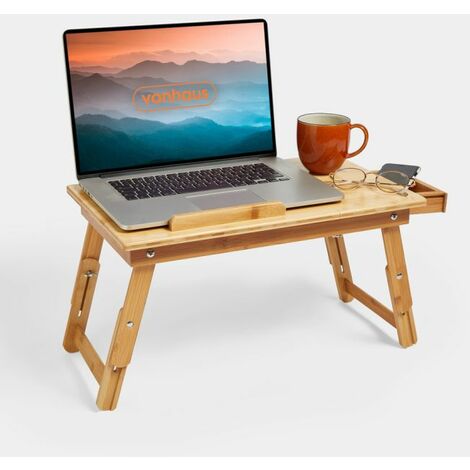 Vonhaus Portable Bamboo Laptop Desk – Large Folding Bed Table With Adjustable Height & Tilt, Side Drawer & Air Holes – Laptop Stand for Home Office, Bed, Laptop, iPad, Book