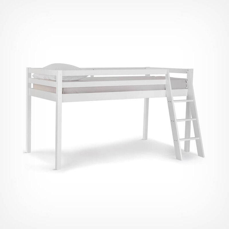 Mid Sleeper Bed Frame – White Wooden Bunk Bed - Cabin Bed With Ladder & Solid Pine Wood Base – Single 3ft Raised Bed For Kids, Children, Teenagers,