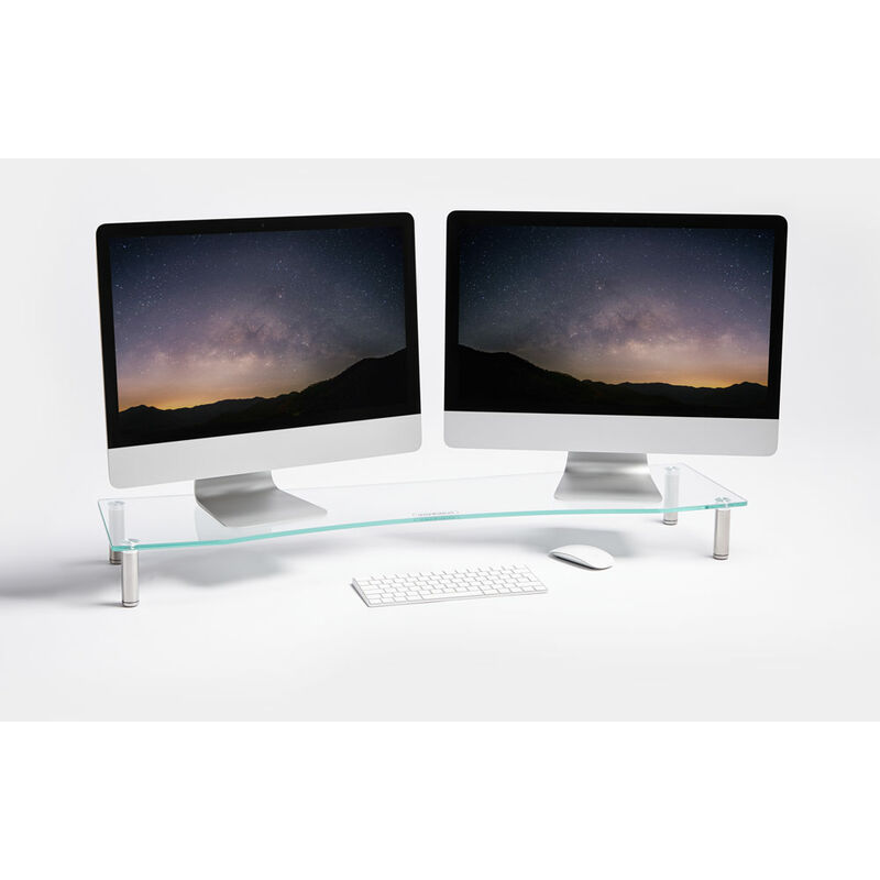 Vonhaus Xl Glass Monitor Stand For Desks Height Adjustable Screen Riser Dual Mount Clear With Aluminium Legs Suitable Home