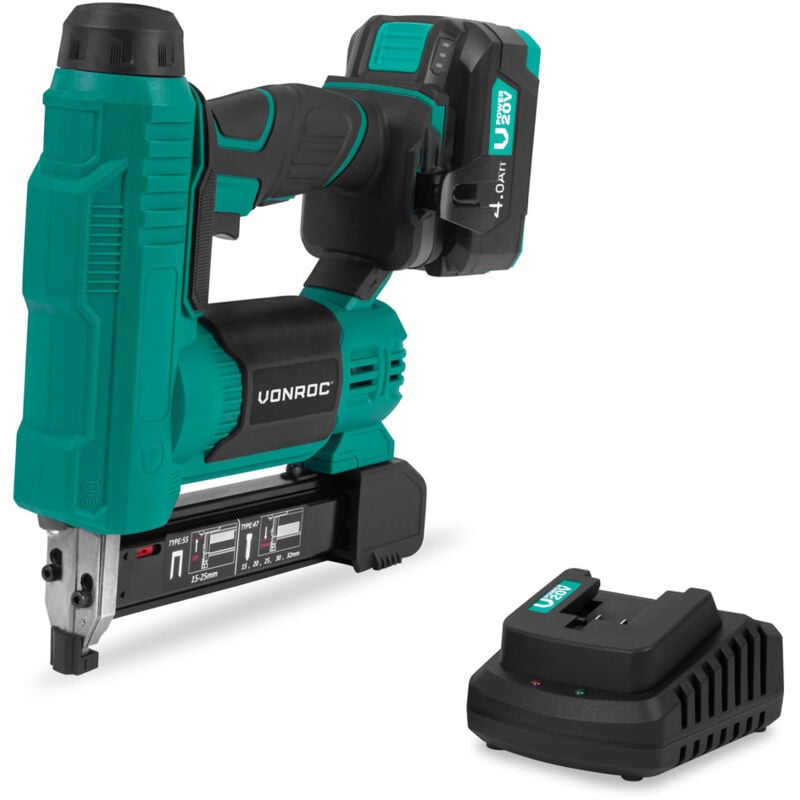 Agrafe Cloueuse Sans Fil 20V Vonroc Batterie 4.0Ah et chargeur inclus, Agrafes 20mm et 25mm, Clous 20mm et 32mm inclus