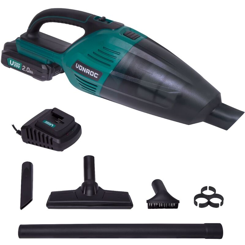 

Aspirador de mano - VPower 20V - Depósito de 0,5L - Juego completo incl. 1x batería de 2,0Ah, cargador, 3 boquillas y tubo de extensión - Vonroc