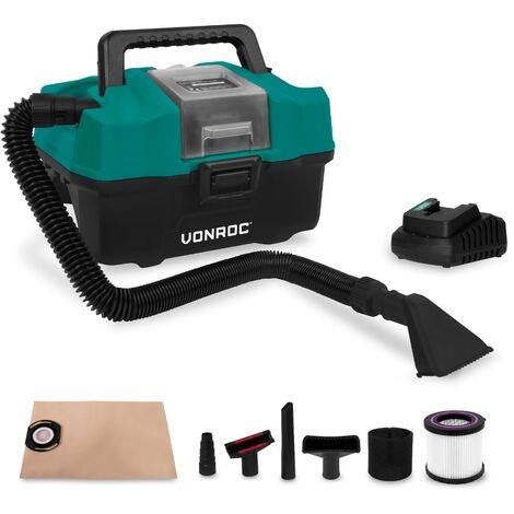 VONROC Aspirateur multi-usage portatif 20V – Bac de 15L - Récupération de poussières - accessoires -1 batterie 2.0Ah et chargeur rapide inclus