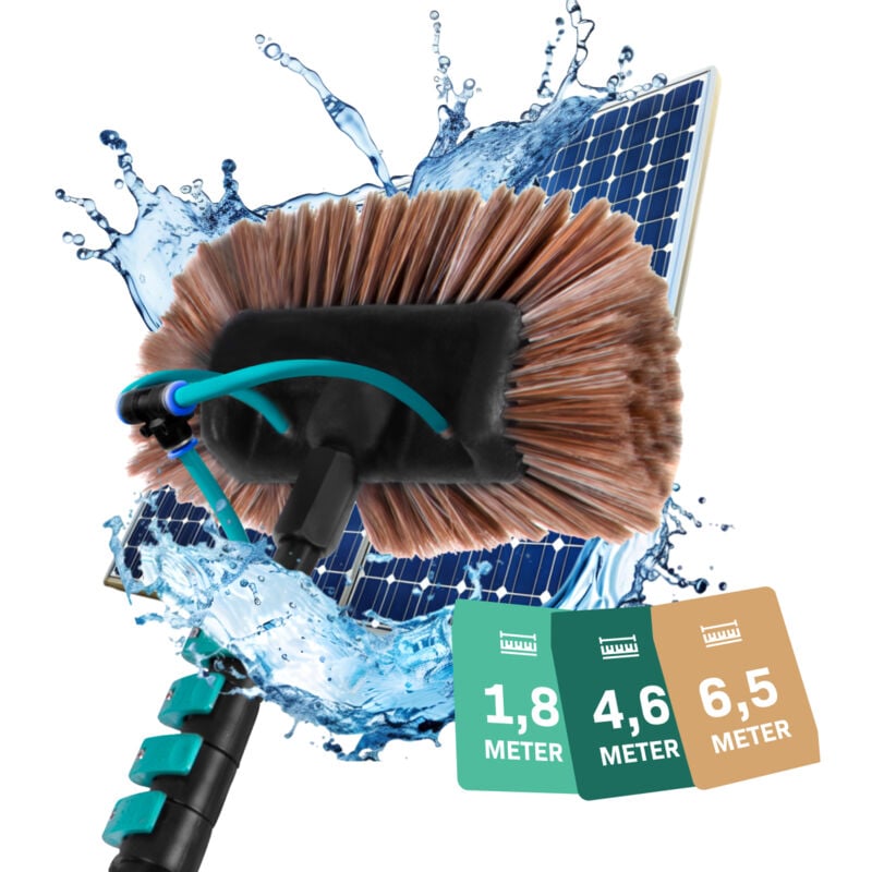 Brosse à laver télescopique - 6,50m Incl. brosse multi-usages, nettoyeur de vitres 2-en-1, tuyau et distributeur de savon - Vonroc