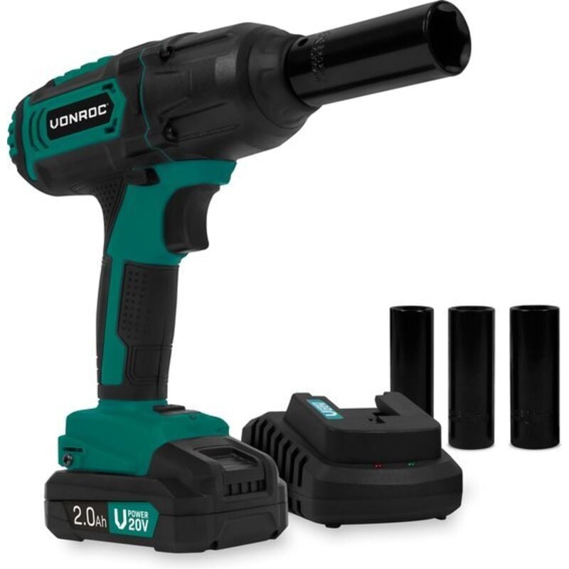 VONROC Clé à choc sans fil 20V - 4 niveaux de réglage : 100/200/300/400Nm - Avec 4 douilles Avec batterie 2.0Ah et chargeur
