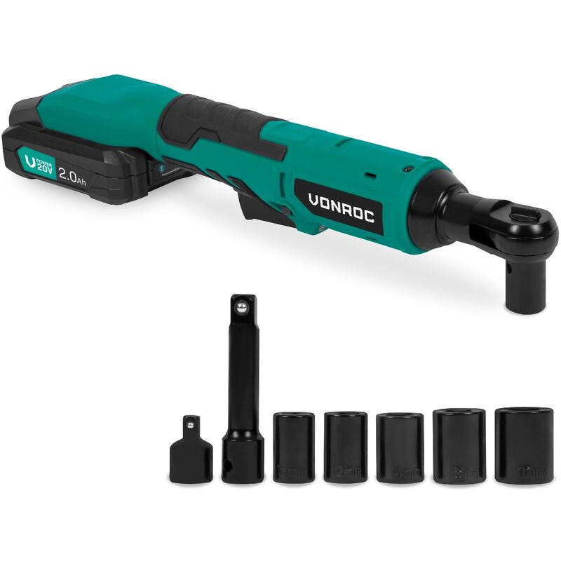 VONROC Clé à cliquet sans fil - 20V - 50Nm - 3/8" - avec jeu de 8 douilles - Batterie 2.0Ah et chargeur inclus