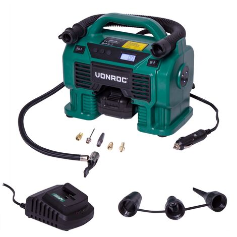 VONROC Compresor VPower 20V - Batería de 20V y enchufe de 12V para el encendedor de cigarrillos - 11 bar - Incl. 8 accesorios - Incl. batería y cargador de 2.0Ah