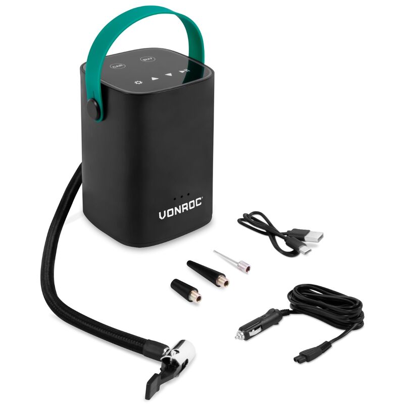 Image of Vonroc - Compressore portatile mini 12V 10 bar / 145 psi per auto, moto e bici. Con batteria integrata da 2.0Ah. Display digitale / manometro