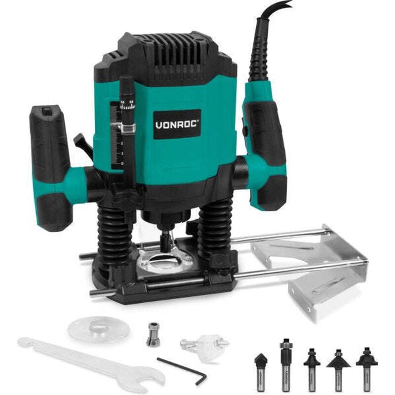 Vonroc - Défonceuse 1200W – 6-8mm – Vitesse variable 16 000 – 30 000 tr/min – Avec lot de 6 fraises, guide de copie