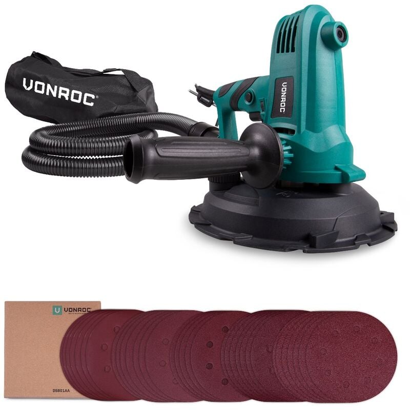 Drywall sander 750W - Ø180MM – Wall and Ceiling – Incl. hose, dust collection bag and 33 pcs. sanding papers - Vonroc