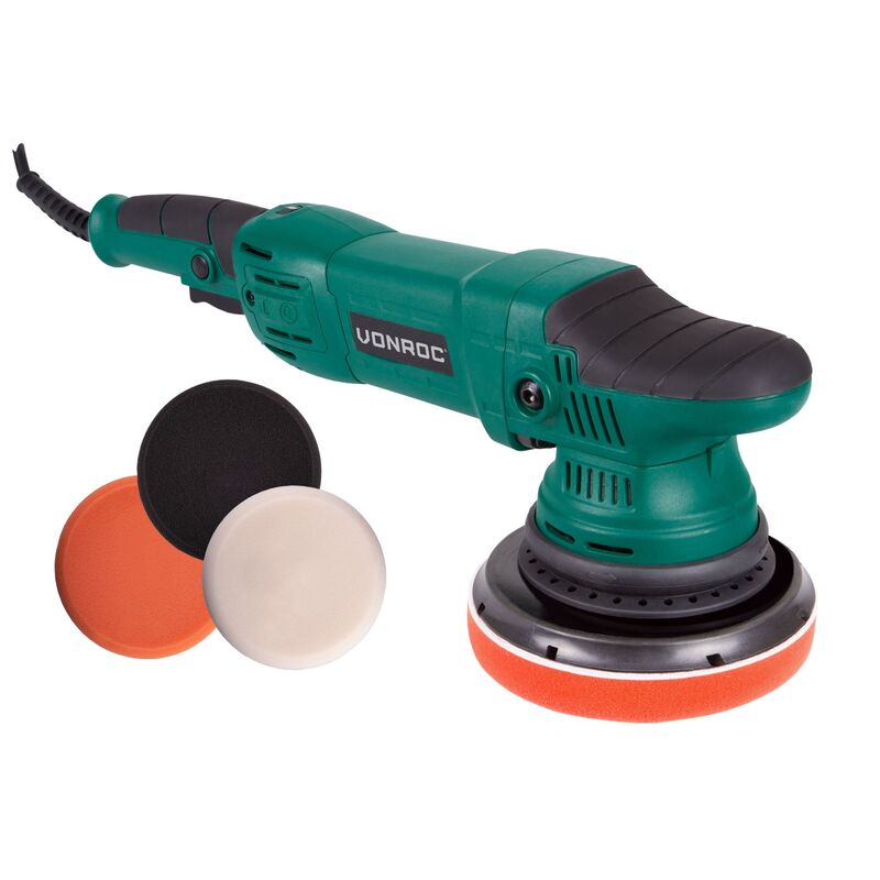 Vonroc - Dual action polisher set / polisher kit – Constant speed electronics – Soft start – 150MM –1050W – including 4 polishing pads, back pad and