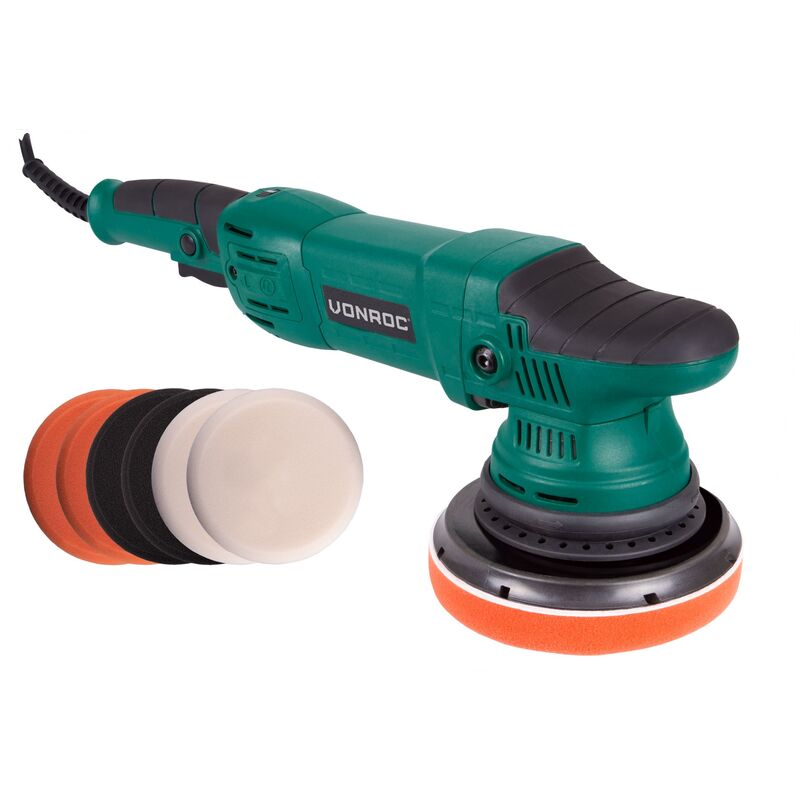 Vonroc - Dual action polisher set / polisher kit – Constant speed electronics – Soft start – 150MM –1050W – including 7 polishing pads, back pad and
