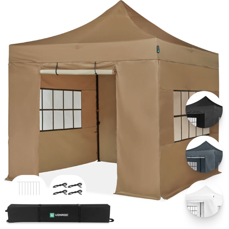 Vonroc - Faltpavillon 3x3 M – Set Inkl. Seitenwände – Modular, Faltbar, Wasserdicht, Stahlrahmen, Uv 50+ Schutz, Inkl. Transporttasche – Beige