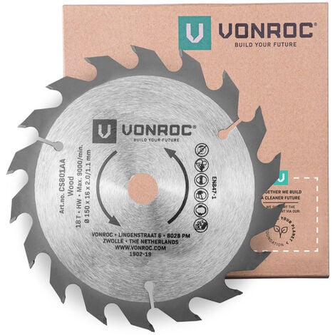 VONROC Hoja de sierra circular 150 x 16 x 2.0/1.1mm - 18 dientes - apta para madera - universal